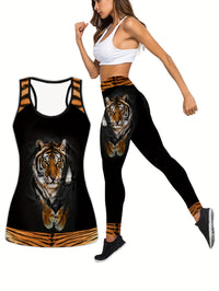 Plus Size Sports Outfits Set, Women's Plus 3D Tiger Print Racer Back Slight Stretch Tank Top & Leggings Yoga Running Outfits Two Piece Set