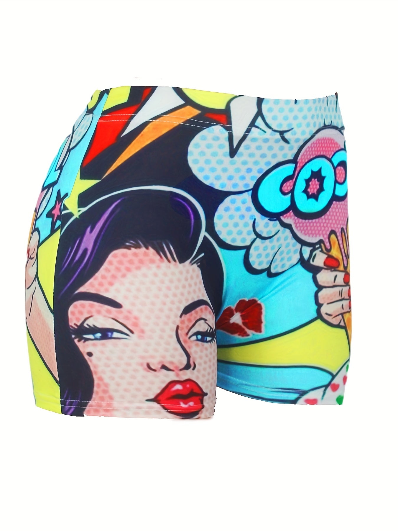 Vibrant Cartoon Print Skinny Shorts - Women's Yoga Casual Summer Shorts with Elastic Waistband and Pockets - Comfortable and Stylish Clothing for Active Ladies