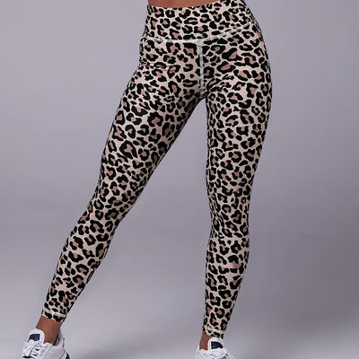 Leopard Print Sports Leggings, Outdoor Casual Workout High Waist Stretch Skinny Running Pants, Fitness Tummy Control Yoga Leggings