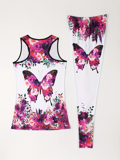 Vibrant 2pcs Set - Women's Casual Fitness Stretchy Fabric Tank Top and High-Waisted Leggings - Breathable Polyester/Spandex Blend, Perfect for Yoga & Casual Attire