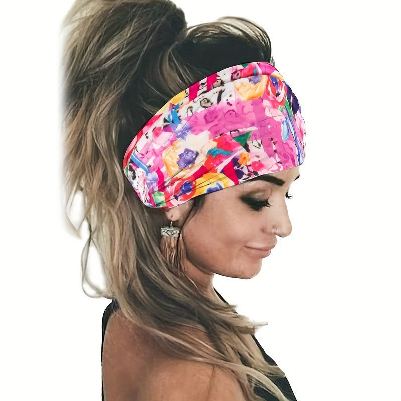 Tie Dye Flower Print Knotted Headband Ladies Sports Widening Fitness Yoga Headband Bundle Boho Style Hairband