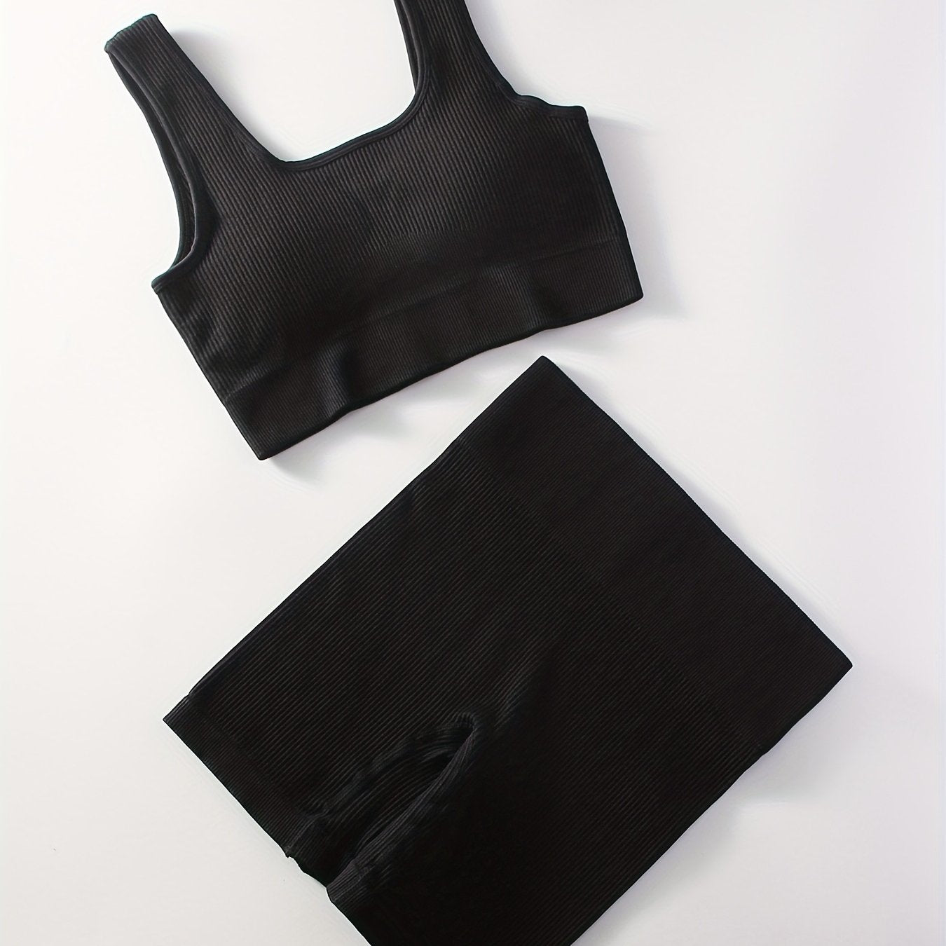 2pcs Women'S Breathable Seamless Yoga Leggings & Bra Set - High-Stretch Ribbed Gym Workout Shorts with Bra, Moisture-Wicking Athletic Outfit for Running, Pilates