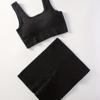 2pcs Women'S Breathable Seamless Yoga Leggings & Bra Set - High-Stretch Ribbed Gym Workout Shorts with Bra, Moisture-Wicking Athletic Outfit for Running, Pilates