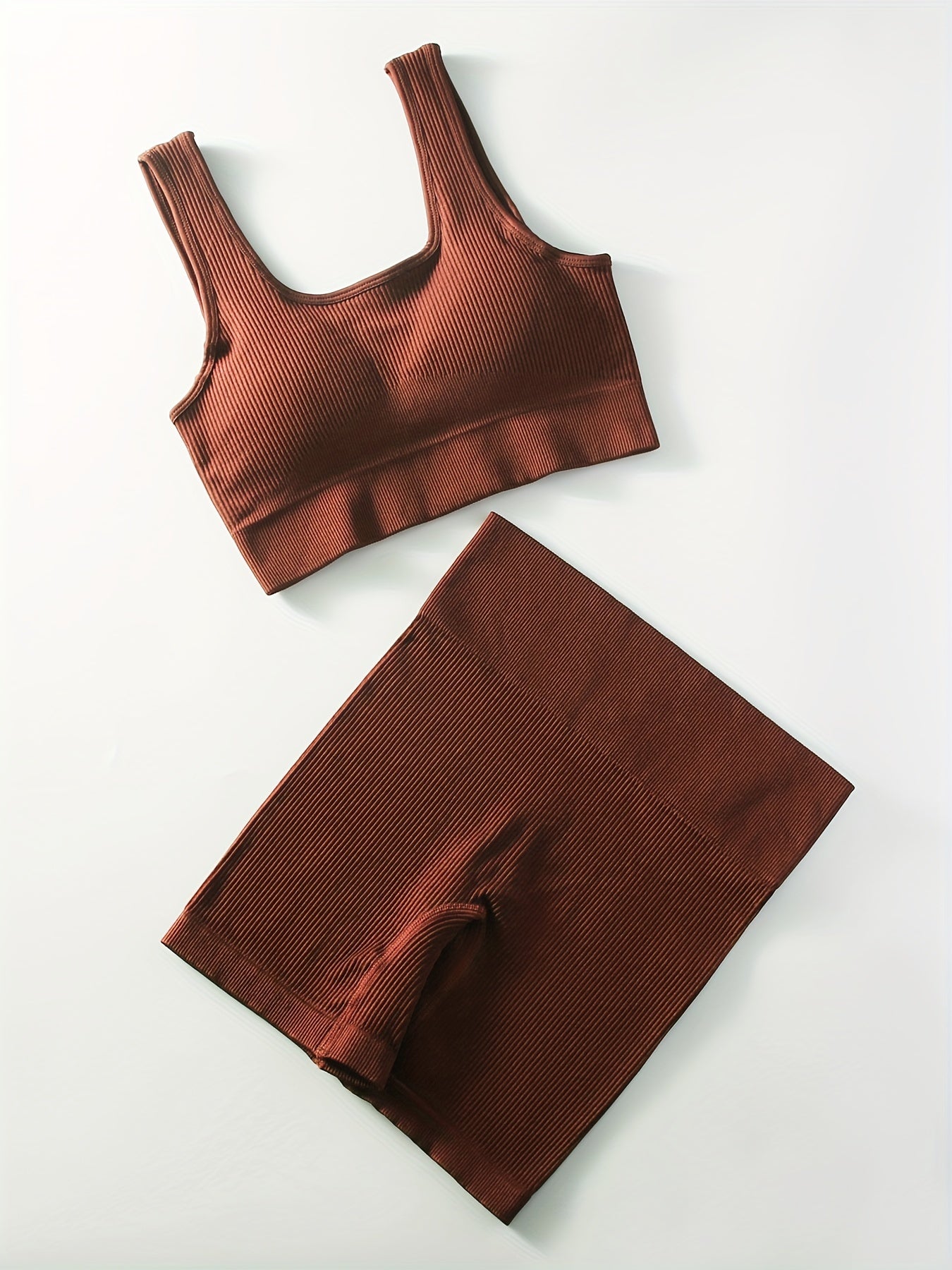 2pcs Women'S Breathable Seamless Yoga Leggings & Bra Set - High-Stretch Ribbed Gym Workout Shorts with Bra, Moisture-Wicking Athletic Outfit for Running, Pilates