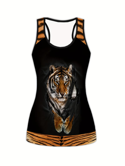 Plus Size Sports Outfits Set, Women's Plus 3D Tiger Print Racer Back Slight Stretch Tank Top & Leggings Yoga Running Outfits Two Piece Set