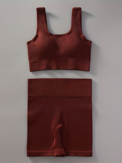 2pcs Women'S Breathable Seamless Yoga Leggings & Bra Set - High-Stretch Ribbed Gym Workout Shorts with Bra, Moisture-Wicking Athletic Outfit for Running, Pilates