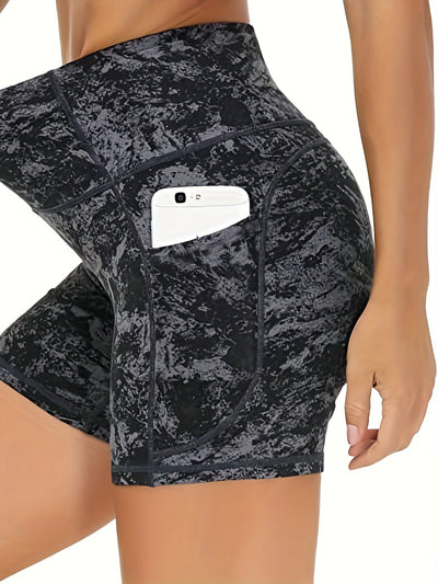 Women's High Waist Marble Printed Shorts - Slim Fit, Lift Hip, Yoga Workout Shorts - Polyester & Spandex Blend - For Fitness Enthusiasts & Yoga Lovers - Perfect for Gym, Outdoor Workouts & Everyday Wear