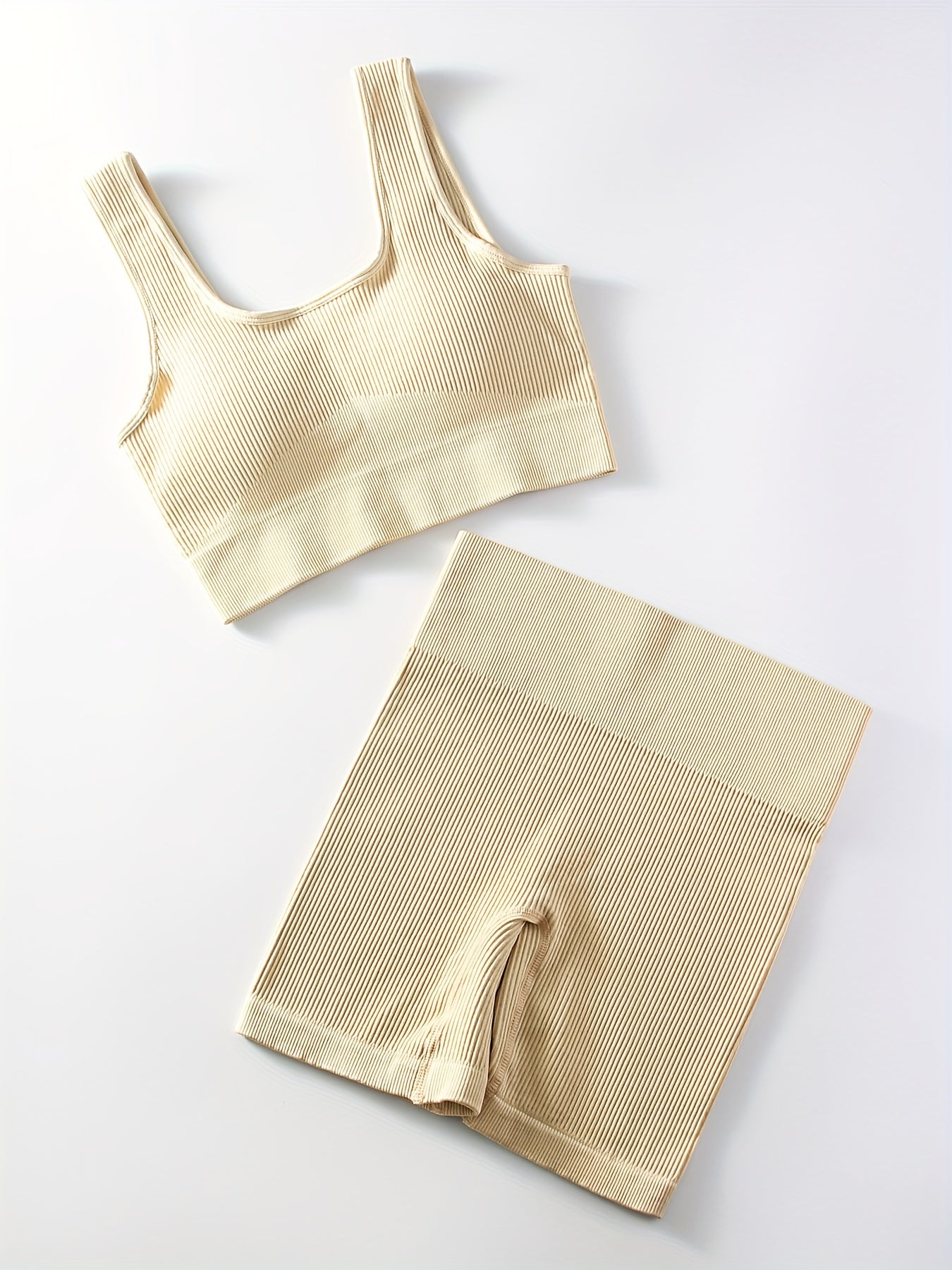 2pcs Women'S Breathable Seamless Yoga Leggings & Bra Set - High-Stretch Ribbed Gym Workout Shorts with Bra, Moisture-Wicking Athletic Outfit for Running, Pilates