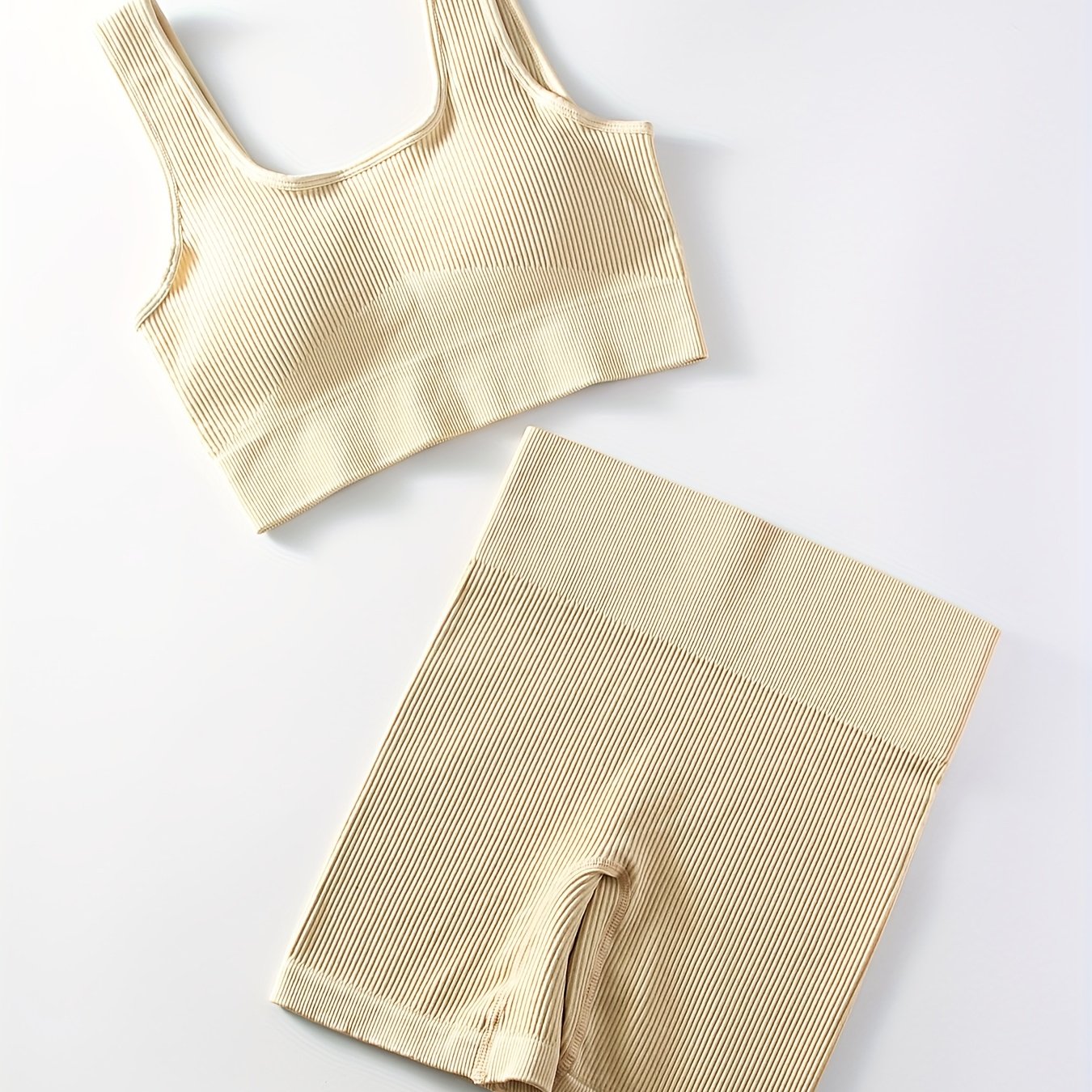 2pcs Women'S Breathable Seamless Yoga Leggings & Bra Set - High-Stretch Ribbed Gym Workout Shorts with Bra, Moisture-Wicking Athletic Outfit for Running, Pilates