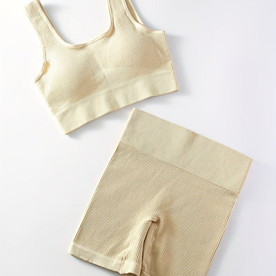 2pcs Women'S Breathable Seamless Yoga Leggings & Bra Set - High-Stretch Ribbed Gym Workout Shorts with Bra, Moisture-Wicking Athletic Outfit for Running, Pilates