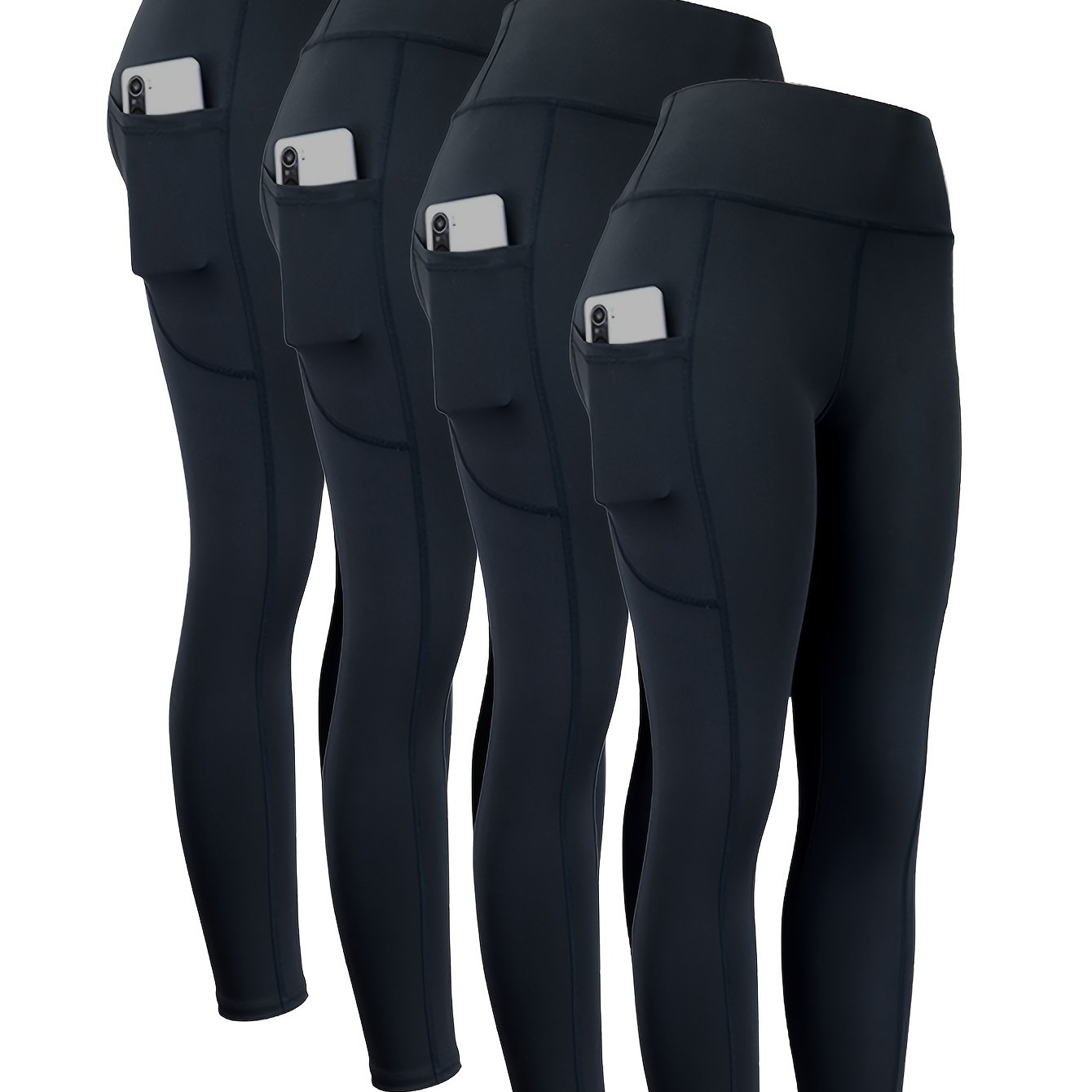 4pcs High Waist Yoga Leggings With Pocket For Women, Solid Color, Tight Fit, Women's Activewear