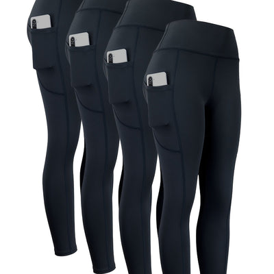 4pcs High Waist Yoga Leggings With Pocket For Women, Solid Color, Tight Fit, Women's Activewear