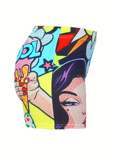 Vibrant Cartoon Print Skinny Shorts - Women's Yoga Casual Summer Shorts with Elastic Waistband and Pockets - Comfortable and Stylish Clothing for Active Ladies