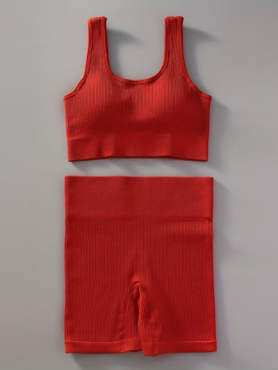 2pcs Women'S Breathable Seamless Yoga Leggings & Bra Set - High-Stretch Ribbed Gym Workout Shorts with Bra, Moisture-Wicking Athletic Outfit for Running, Pilates