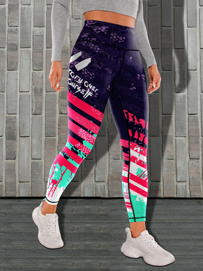 Color Block Tummy Control High Stretch Fitness Pants, Letter Print High Elastic Sports Tight Yoga Leggings, Women's Activewear