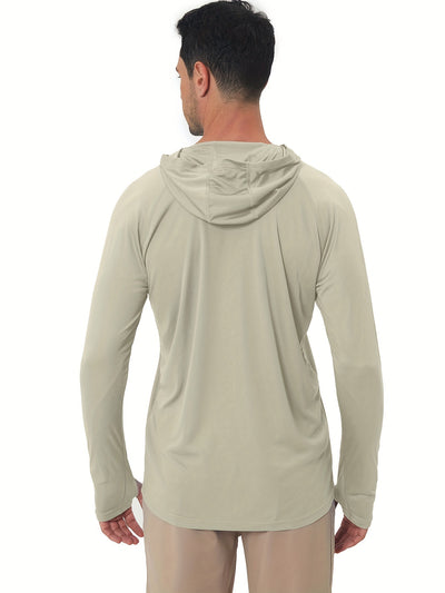 Men's UPF50+ Sun Protection Hoodie - Lightweight Quick-Dry Rash Guard, Breathable Long Sleeve UV Shirt for Fishing, Hiking, Yoga & Running, Olive Green, Machine Washable, Sports Apparel, Sporty Design, Durable Construction, A
