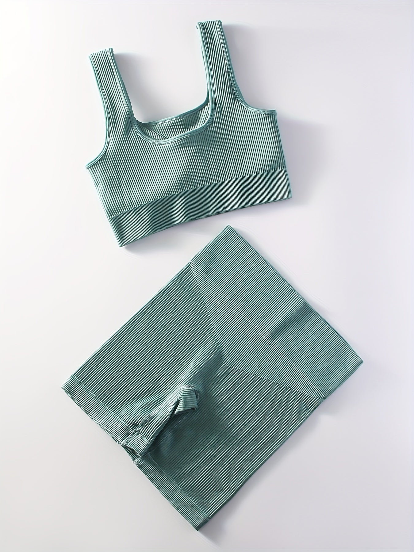 2pcs Women'S Breathable Seamless Yoga Leggings & Bra Set - High-Stretch Ribbed Gym Workout Shorts with Bra, Moisture-Wicking Athletic Outfit for Running, Pilates