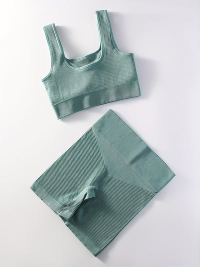 2pcs Women'S Breathable Seamless Yoga Leggings & Bra Set - High-Stretch Ribbed Gym Workout Shorts with Bra, Moisture-Wicking Athletic Outfit for Running, Pilates