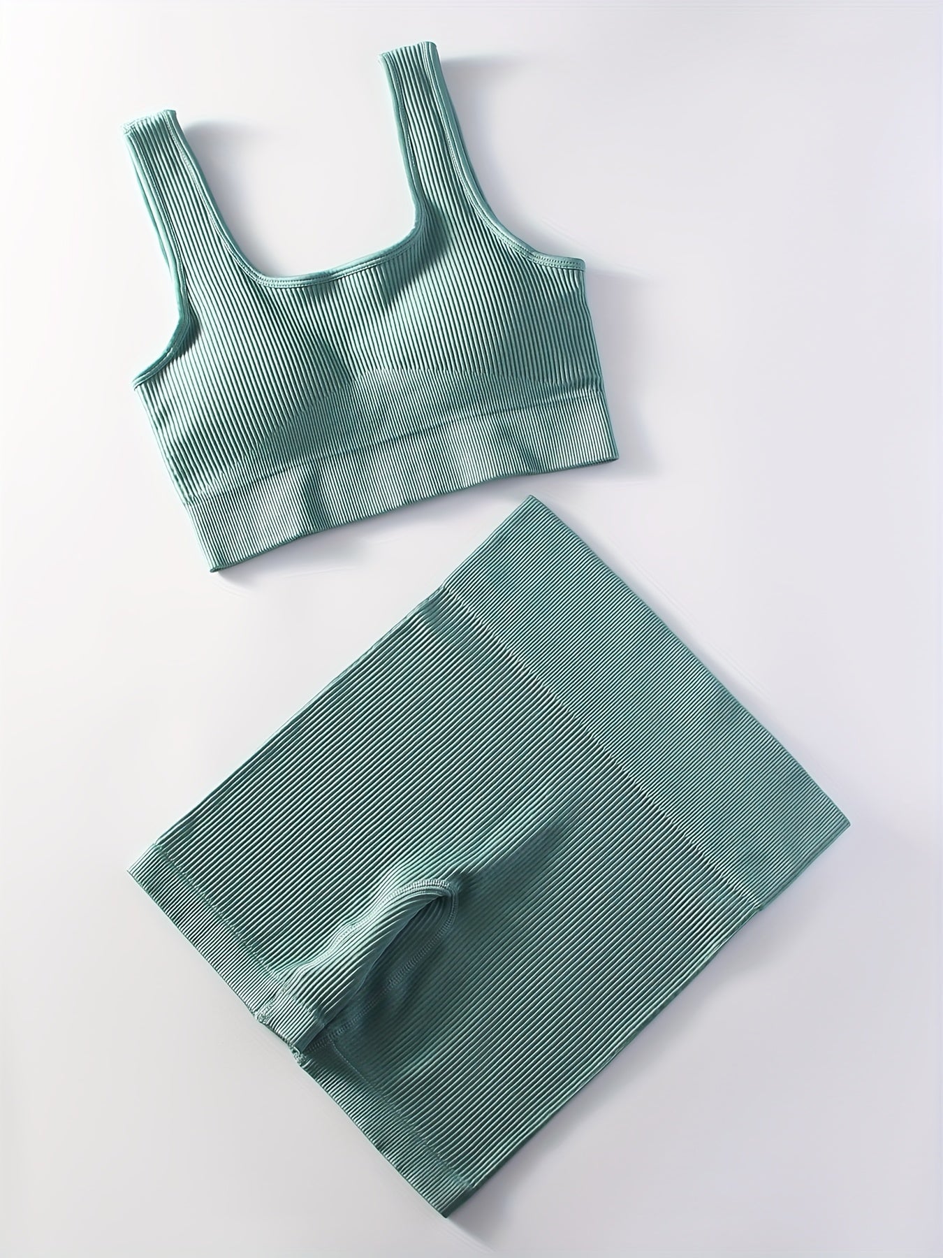 2pcs Women'S Breathable Seamless Yoga Leggings & Bra Set - High-Stretch Ribbed Gym Workout Shorts with Bra, Moisture-Wicking Athletic Outfit for Running, Pilates