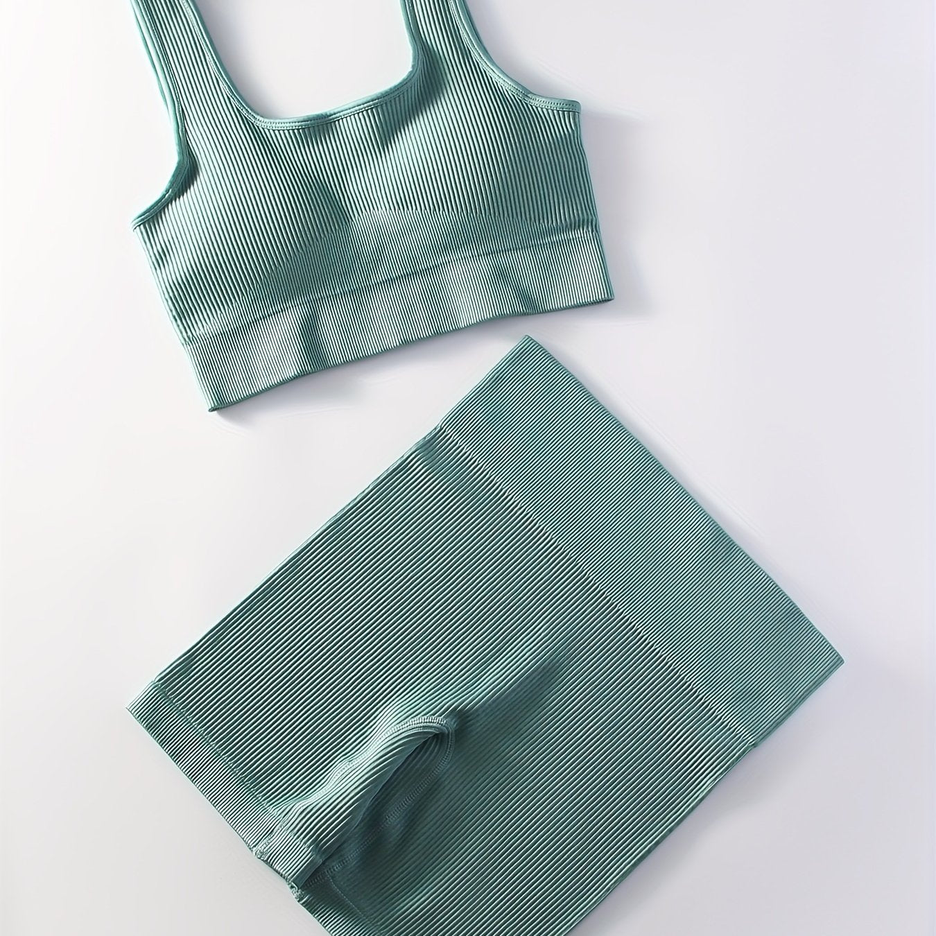 2pcs Women'S Breathable Seamless Yoga Leggings & Bra Set - High-Stretch Ribbed Gym Workout Shorts with Bra, Moisture-Wicking Athletic Outfit for Running, Pilates