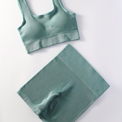 2pcs Women'S Breathable Seamless Yoga Leggings & Bra Set - High-Stretch Ribbed Gym Workout Shorts with Bra, Moisture-Wicking Athletic Outfit for Running, Pilates