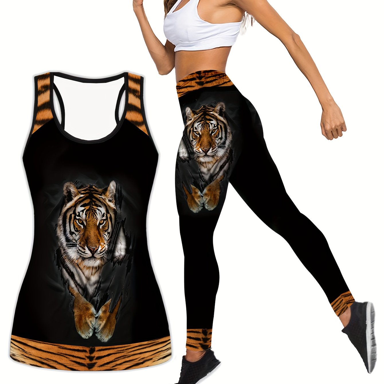 Plus Size Sports Outfits Set, Women's Plus 3D Tiger Print Racer Back Slight Stretch Tank Top & Leggings Yoga Running Outfits Two Piece Set