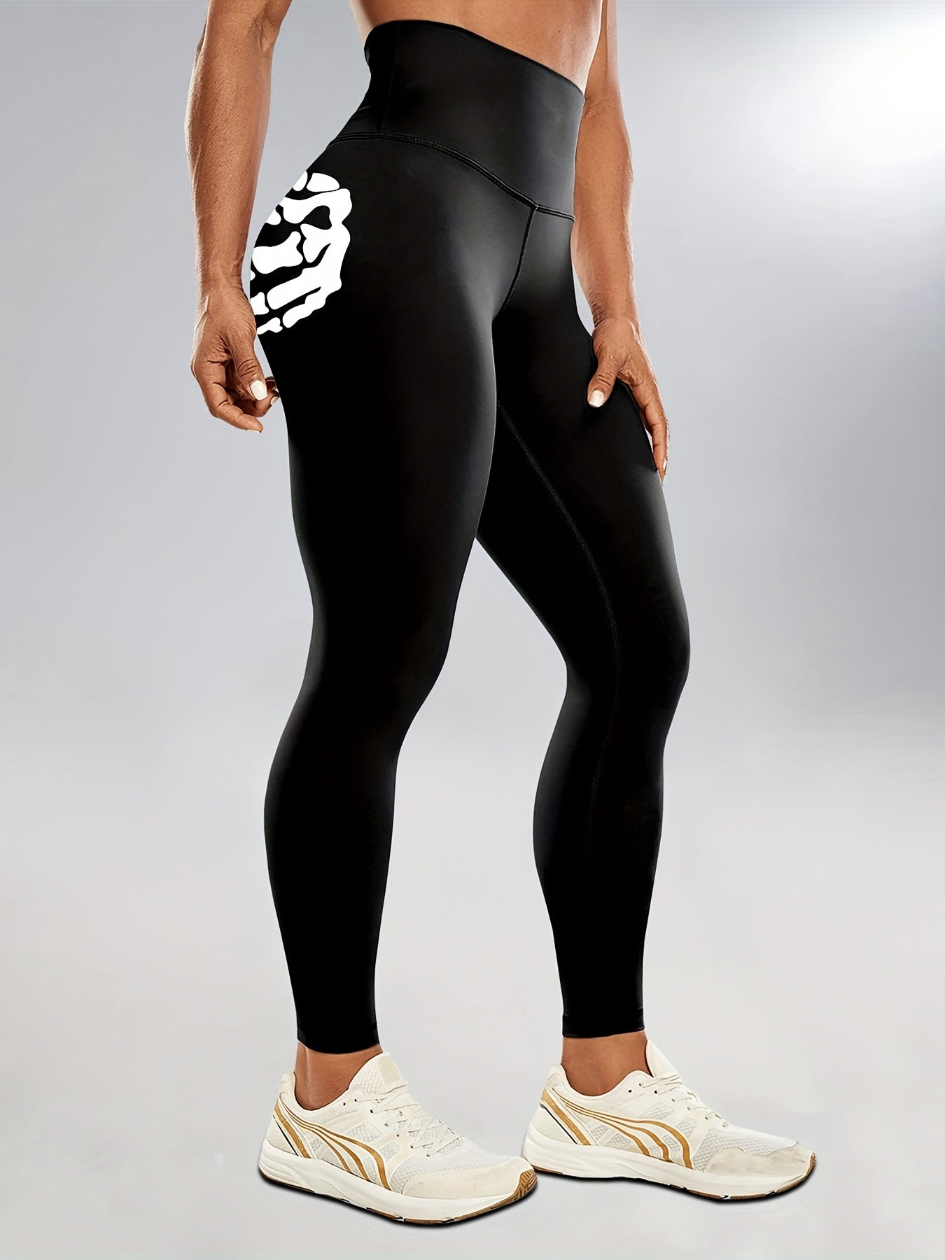 Vibrant Skeleton Hands Printed High Waist Sports Yoga Leggings - Moisture-Wicking, Four-Way Stretch, Comfortable, and Breathable - Perfect for Halloween, Carnival, Music Festival, and Workout Enthusiasts