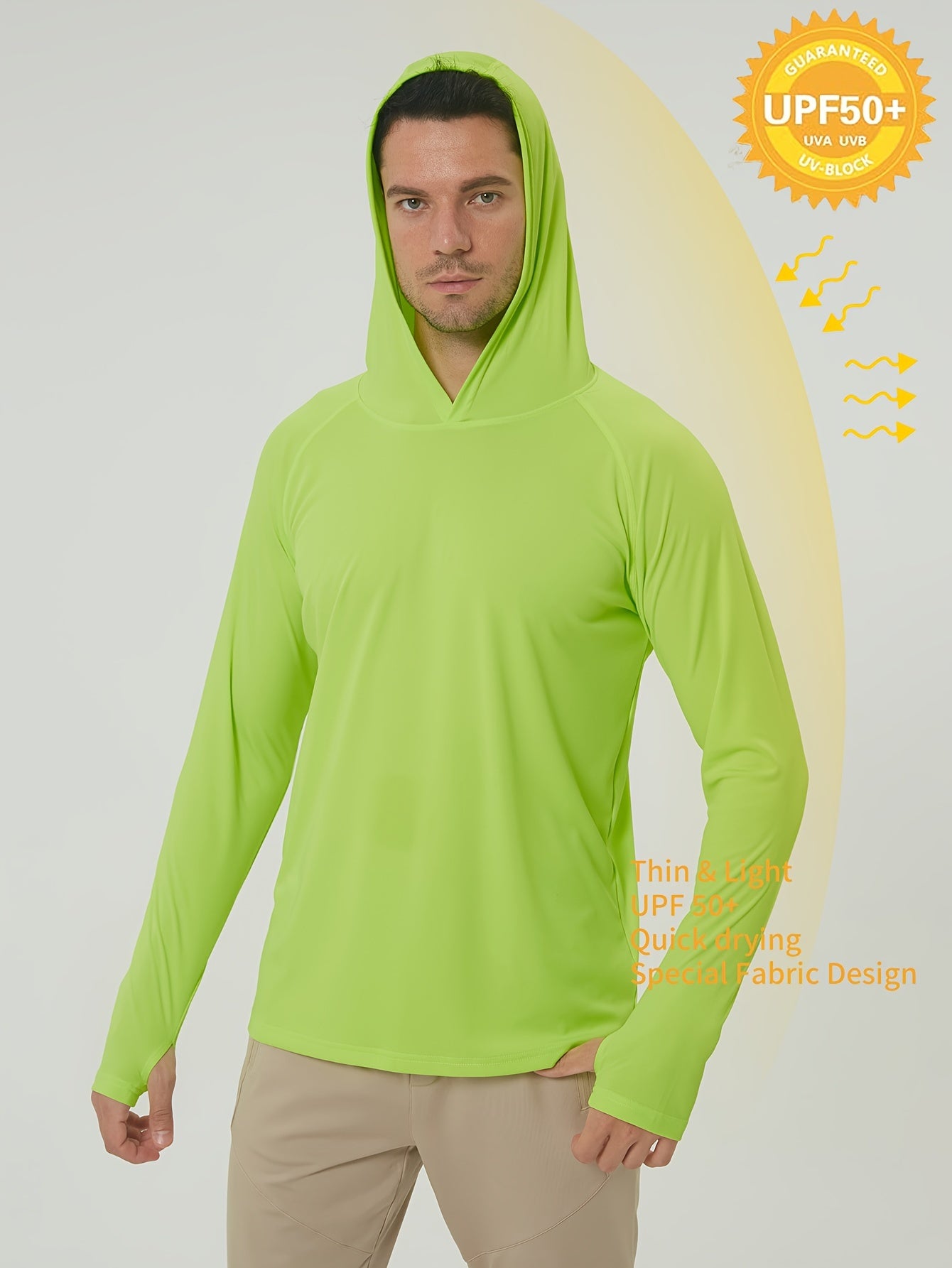 Men's UPF50+ Sun Protection Hoodie - Lightweight Quick-Dry Rash Guard, Breathable Long Sleeve UV Shirt for Fishing, Hiking, Yoga & Running, Olive Green, Machine Washable, Sports Apparel, Sporty Design, Durable Construction, A