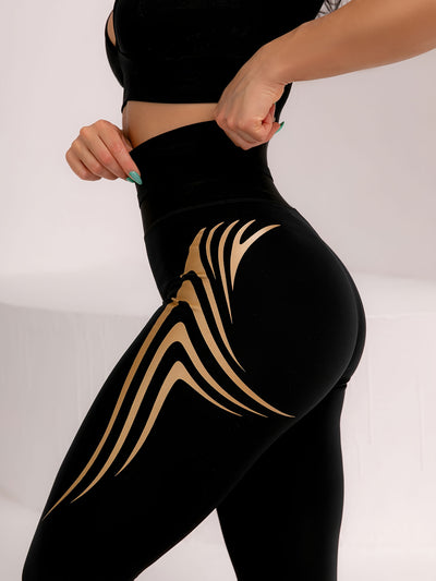 [Black Golden Yoga Pants] Women's High-waisted Stretch Sports Leggings, Black Hot-stamped Golden Yoga Pants, Buttocks-lifting Breathable Exercise Running Pants