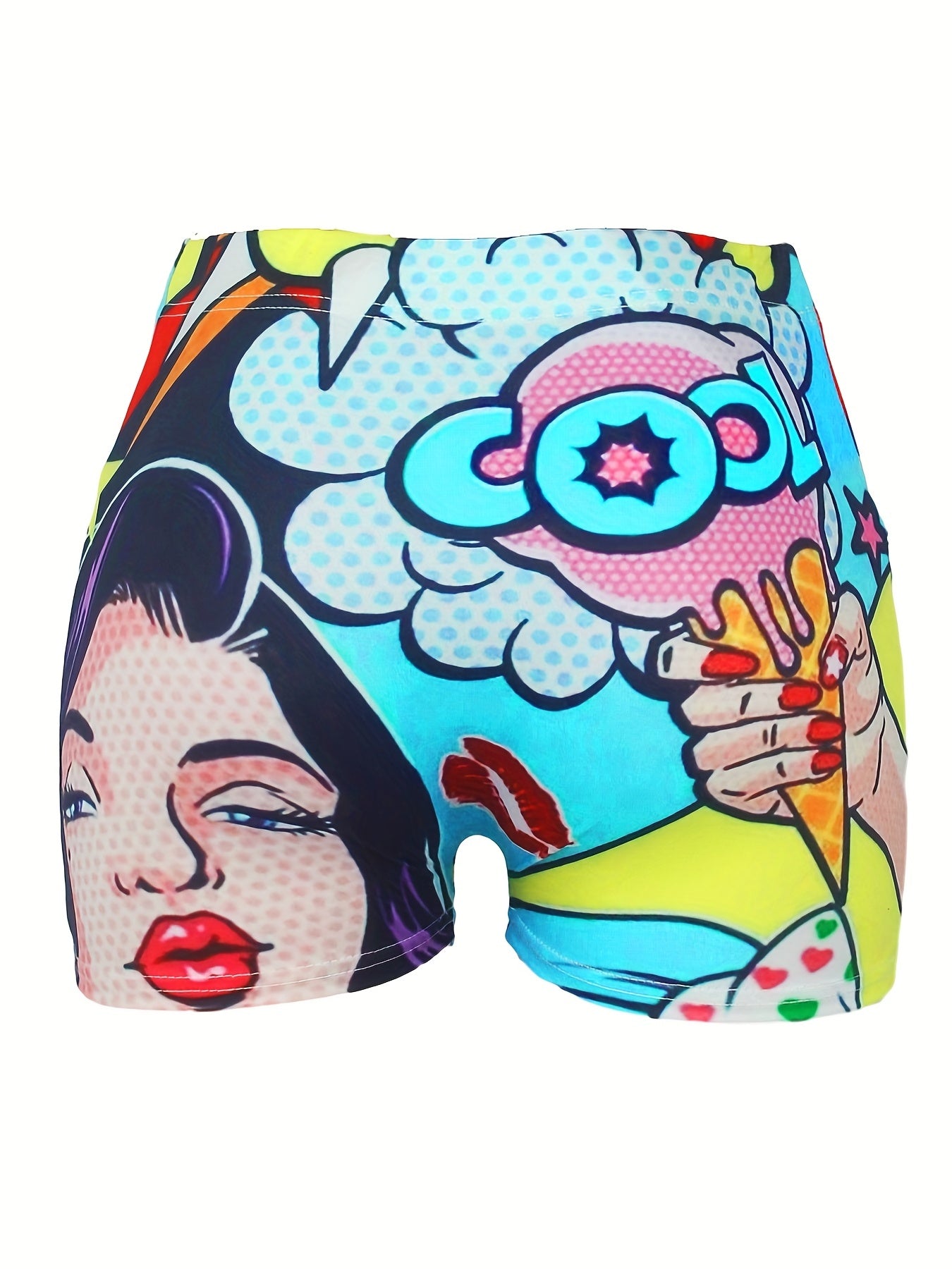 Vibrant Cartoon Print Skinny Shorts - Women's Yoga Casual Summer Shorts with Elastic Waistband and Pockets - Comfortable and Stylish Clothing for Active Ladies