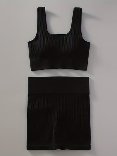 2pcs Women'S Breathable Seamless Yoga Leggings & Bra Set - High-Stretch Ribbed Gym Workout Shorts with Bra, Moisture-Wicking Athletic Outfit for Running, Pilates