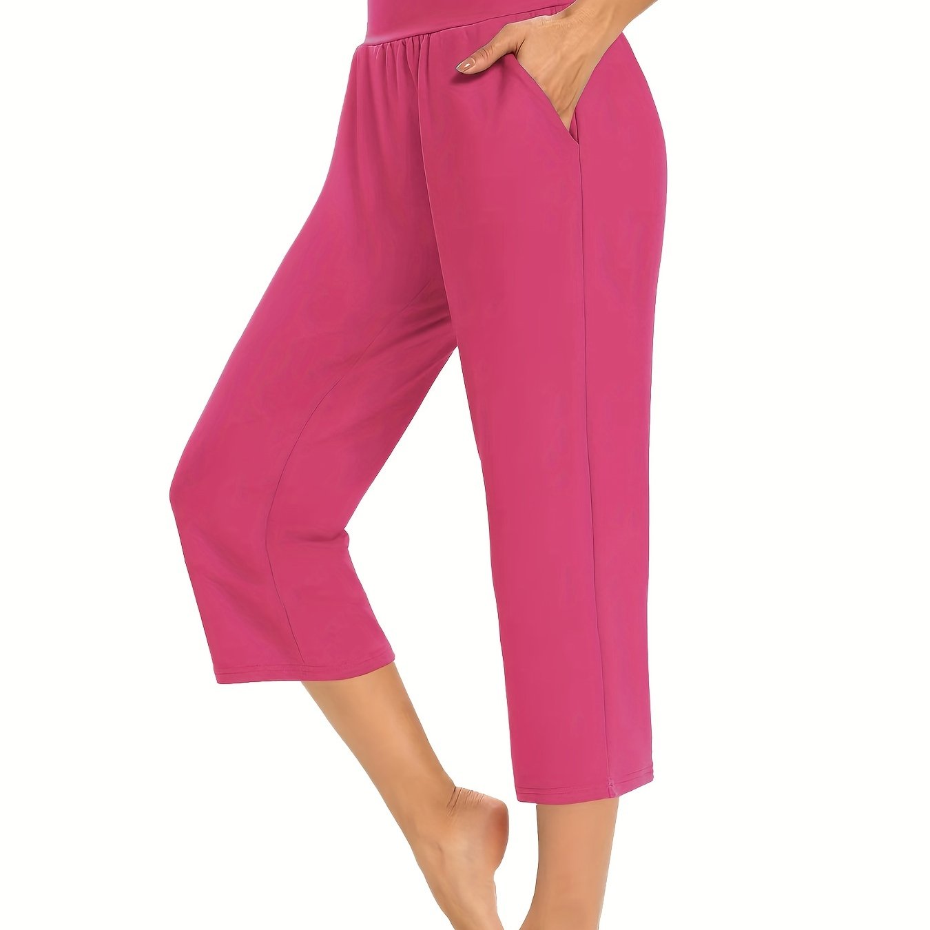 Plus Size Womens Capri Pants - Comfortable Solid Waistband, High Rise Skinny Fit - Fashionable for Casual Wear & Fitness