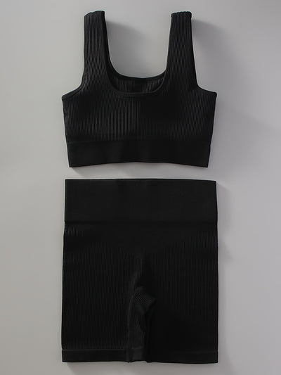 2pcs Women'S Breathable Seamless Yoga Leggings & Bra Set - High-Stretch Ribbed Gym Workout Shorts with Bra, Moisture-Wicking Athletic Outfit for Running, Pilates