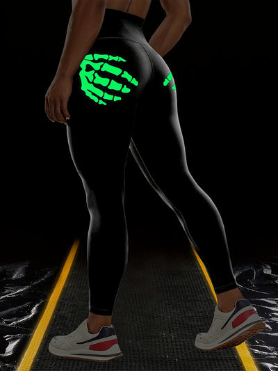 Vibrant Skeleton Hands Printed High Waist Sports Yoga Leggings - Moisture-Wicking, Four-Way Stretch, Comfortable, and Breathable - Perfect for Halloween, Carnival, Music Festival, and Workout Enthusiasts