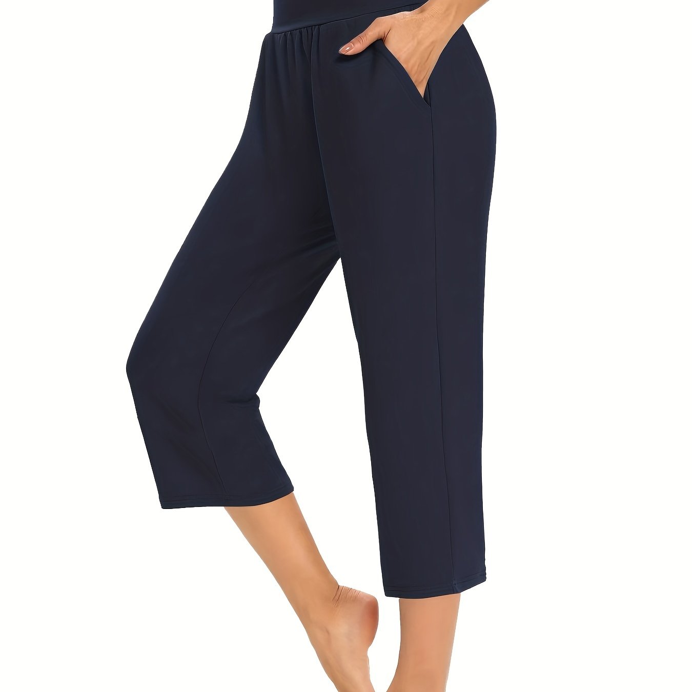 Plus Size Womens Capri Pants - Comfortable Solid Waistband, High Rise Skinny Fit - Fashionable for Casual Wear & Fitness