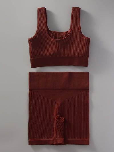 2pcs Women'S Breathable Seamless Yoga Leggings & Bra Set - High-Stretch Ribbed Gym Workout Shorts with Bra, Moisture-Wicking Athletic Outfit for Running, Pilates