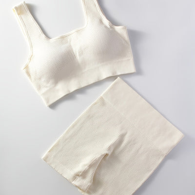 2pcs Women'S Breathable Seamless Yoga Leggings & Bra Set - High-Stretch Ribbed Gym Workout Shorts with Bra, Moisture-Wicking Athletic Outfit for Running, Pilates