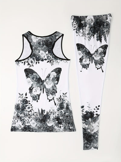 Vibrant 2pcs Set - Women's Casual Fitness Stretchy Fabric Tank Top and High-Waisted Leggings - Breathable Polyester/Spandex Blend, Perfect for Yoga & Casual Attire