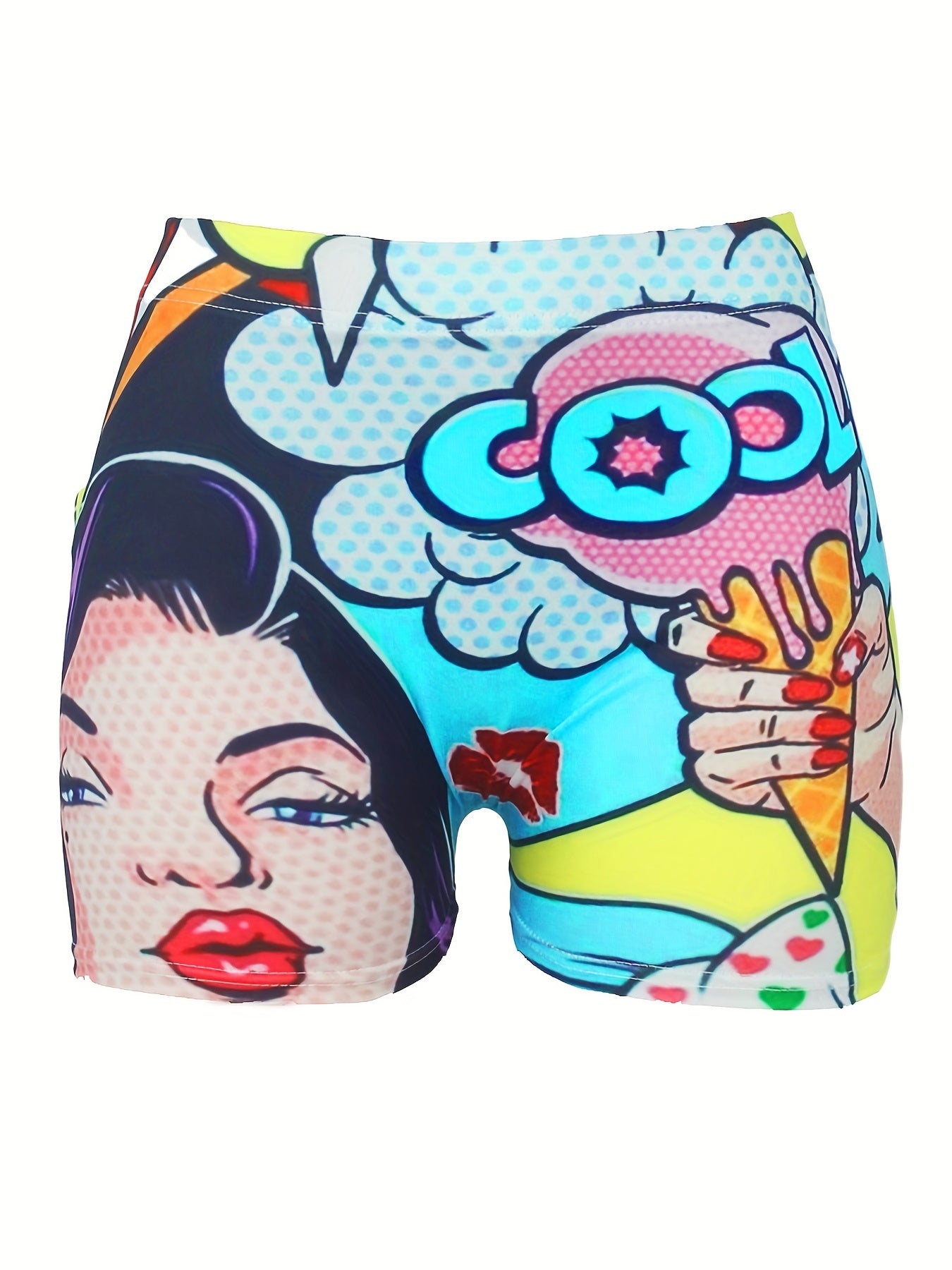 Vibrant Cartoon Print Skinny Shorts - Women's Yoga Casual Summer Shorts with Elastic Waistband and Pockets - Comfortable and Stylish Clothing for Active Ladies