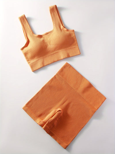 2pcs Women'S Breathable Seamless Yoga Leggings & Bra Set - High-Stretch Ribbed Gym Workout Shorts with Bra, Moisture-Wicking Athletic Outfit for Running, Pilates