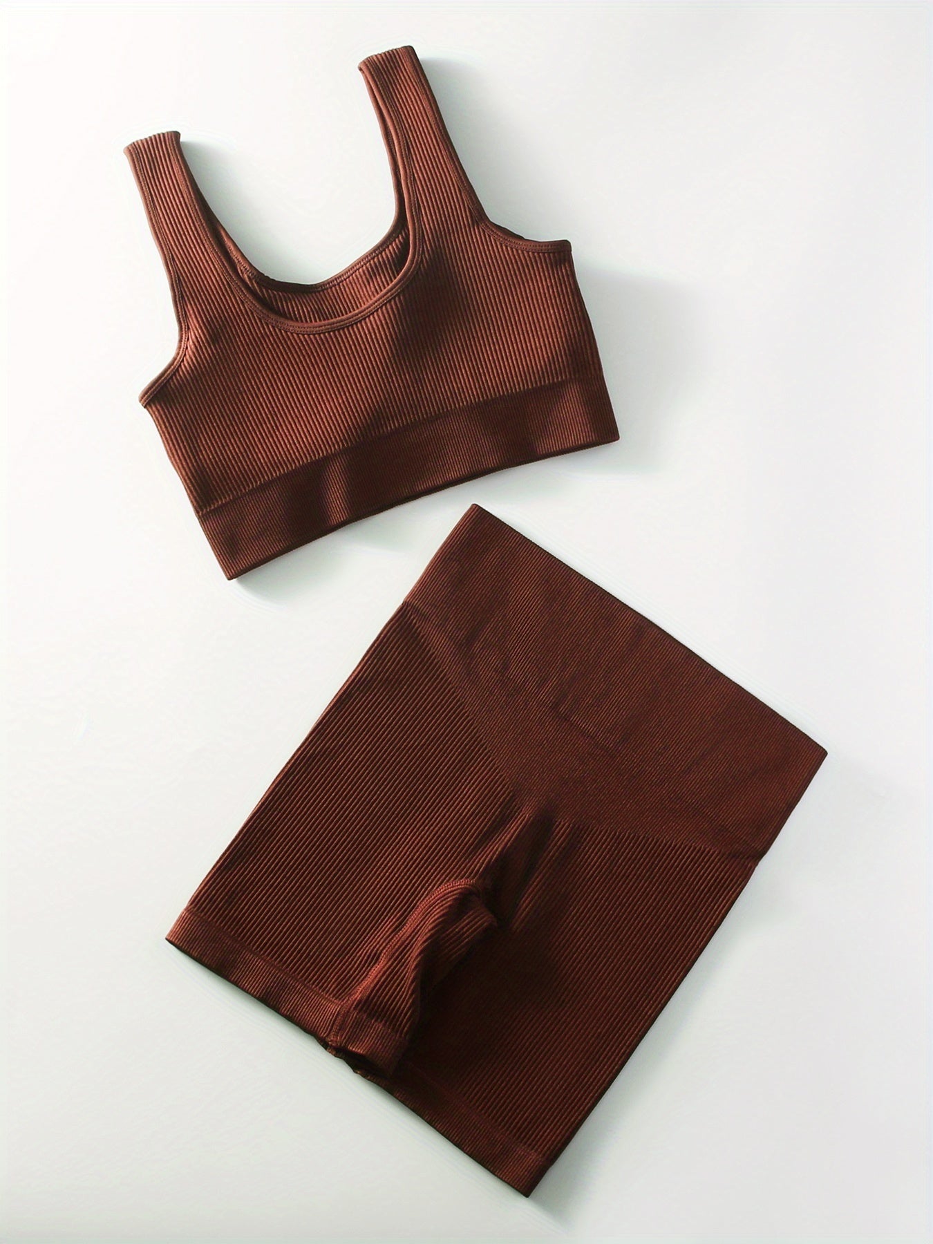 2pcs Women'S Breathable Seamless Yoga Leggings & Bra Set - High-Stretch Ribbed Gym Workout Shorts with Bra, Moisture-Wicking Athletic Outfit for Running, Pilates