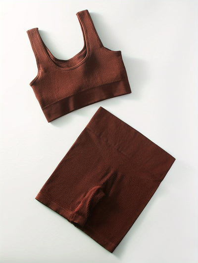 2pcs Women'S Breathable Seamless Yoga Leggings & Bra Set - High-Stretch Ribbed Gym Workout Shorts with Bra, Moisture-Wicking Athletic Outfit for Running, Pilates