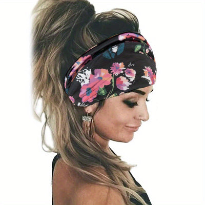 Tie Dye Flower Print Knotted Headband Ladies Sports Widening Fitness Yoga Headband Bundle Boho Style Hairband