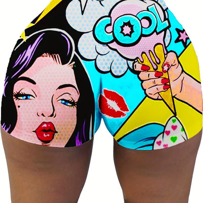 Vibrant Cartoon Print Skinny Shorts - Women's Yoga Casual Summer Shorts with Elastic Waistband and Pockets - Comfortable and Stylish Clothing for Active Ladies