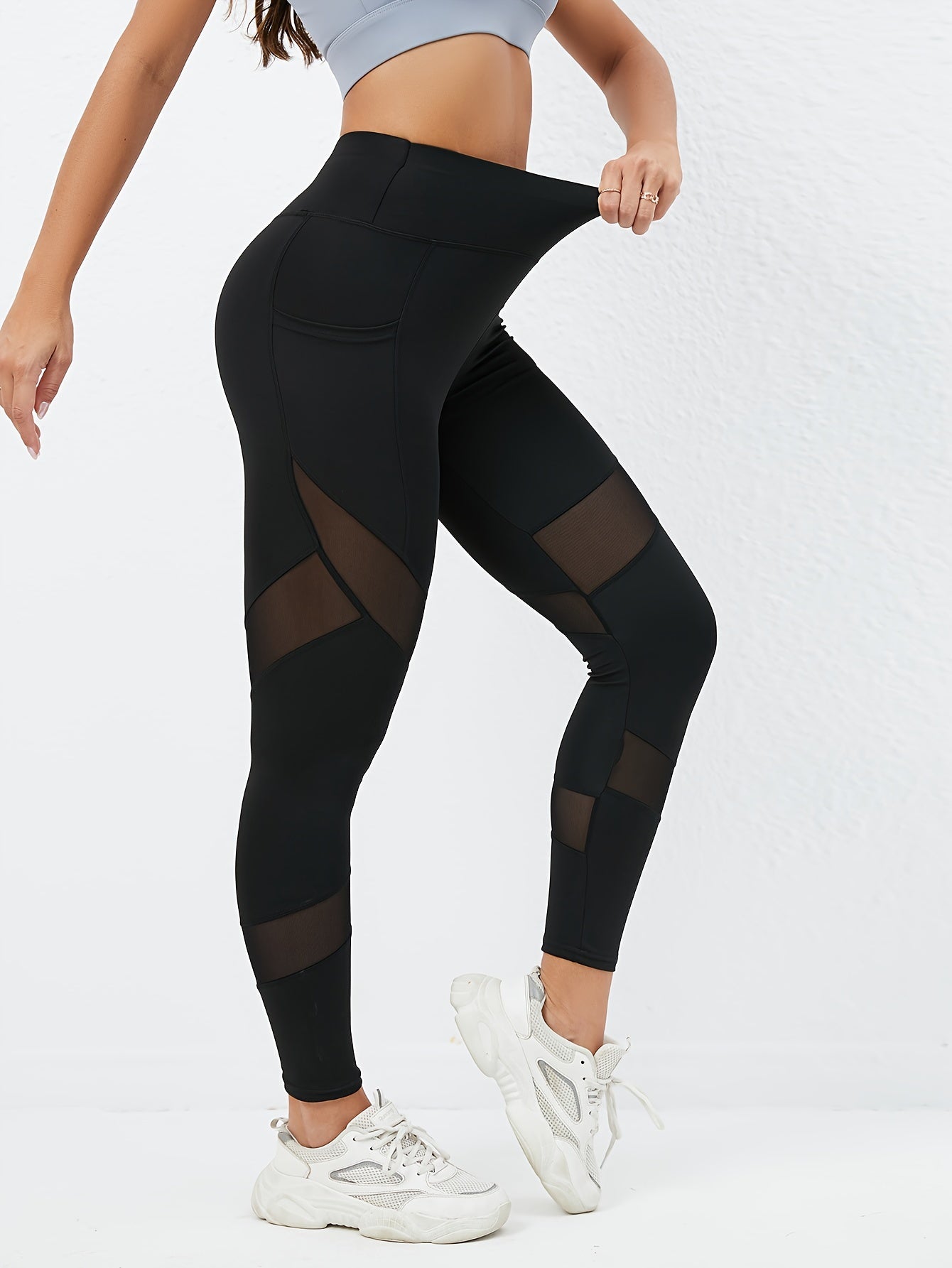 Mesh Contrast Yoga Butt Lifting Sports Leggings, Hip Lifting Slim Workout Running Fitness Tight Pants, Women's Activewear