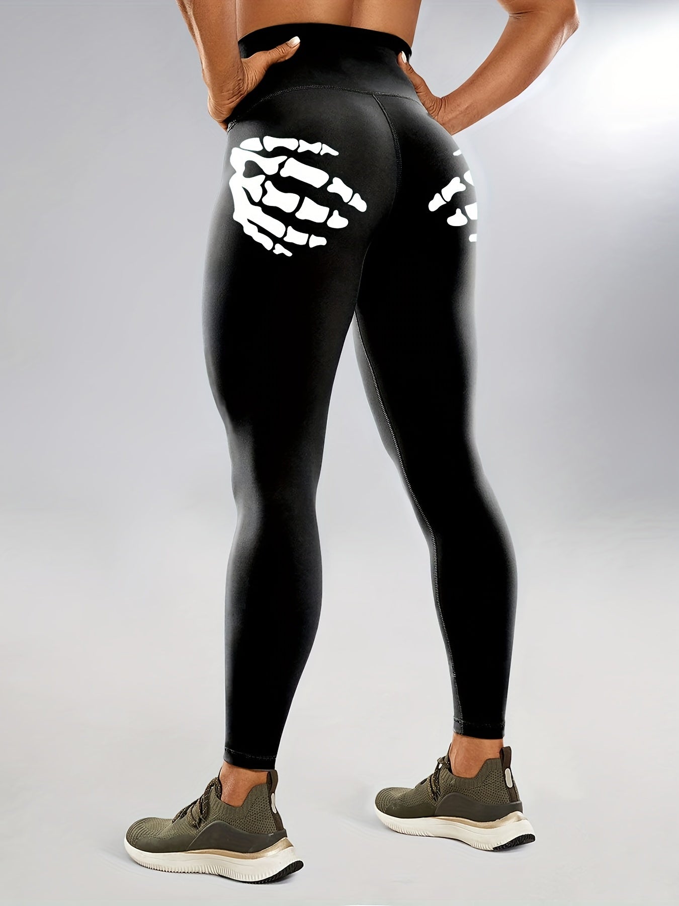 Vibrant Skeleton Hands Printed High Waist Sports Yoga Leggings - Moisture-Wicking, Four-Way Stretch, Comfortable, and Breathable - Perfect for Halloween, Carnival, Music Festival, and Workout Enthusiasts