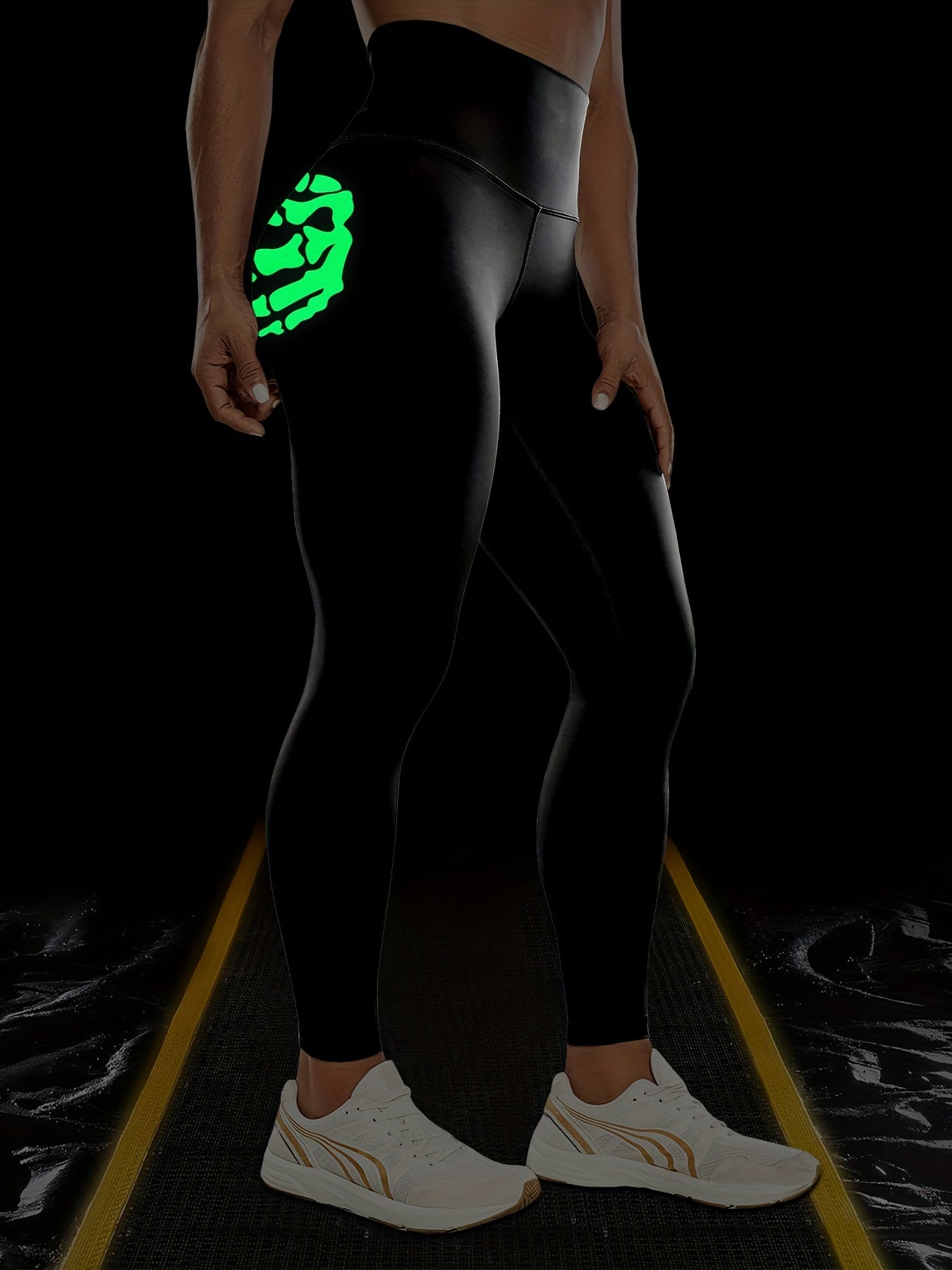 Vibrant Skeleton Hands Printed High Waist Sports Yoga Leggings - Moisture-Wicking, Four-Way Stretch, Comfortable, and Breathable - Perfect for Halloween, Carnival, Music Festival, and Workout Enthusiasts