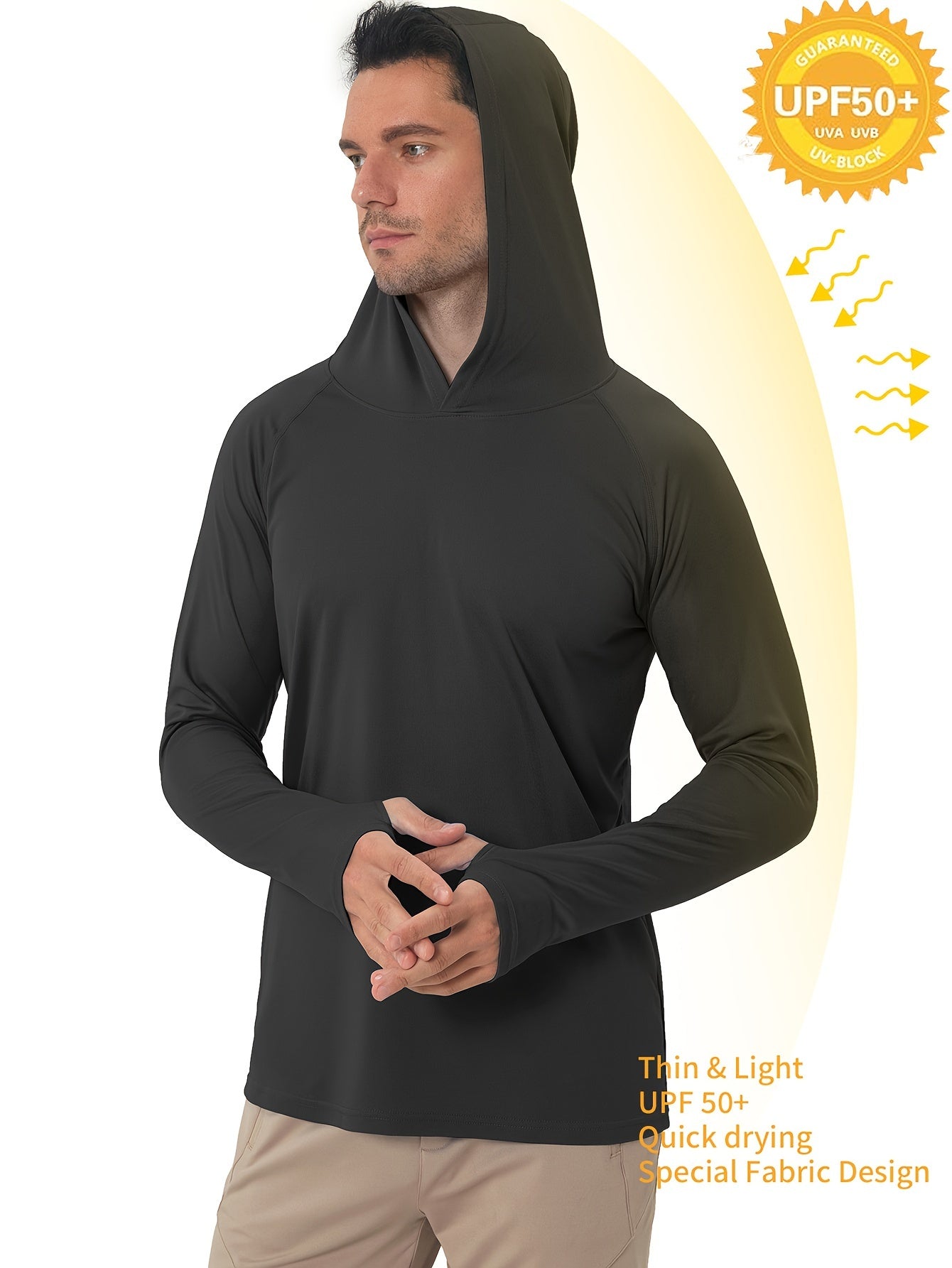 Men's UPF50+ Sun Protection Hoodie - Lightweight Quick-Dry Rash Guard, Breathable Long Sleeve UV Shirt for Fishing, Hiking, Yoga & Running, Olive Green, Machine Washable, Sports Apparel, Sporty Design, Durable Construction, A