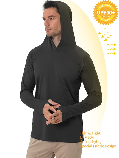 Men's UPF50+ Sun Protection Hoodie - Lightweight Quick-Dry Rash Guard, Breathable Long Sleeve UV Shirt for Fishing, Hiking, Yoga & Running, Olive Green, Machine Washable, Sports Apparel, Sporty Design, Durable Construction, A