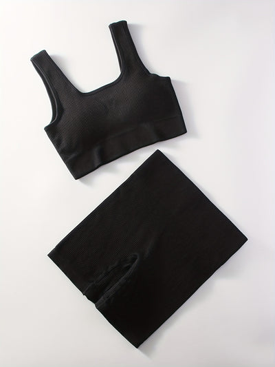 2pcs Women'S Breathable Seamless Yoga Leggings & Bra Set - High-Stretch Ribbed Gym Workout Shorts with Bra, Moisture-Wicking Athletic Outfit for Running, Pilates